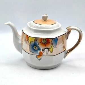 Vintage Japanese Lusterware Hand Painted Floral Blue Bird Flowers Teapot w/Lid